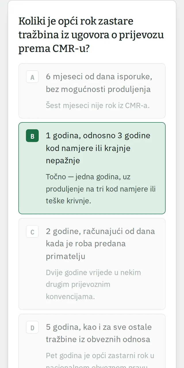 Pitanje za vježbu s četiri odgovora, gdje se svaki odgovor objašnjava nakon rješavanja