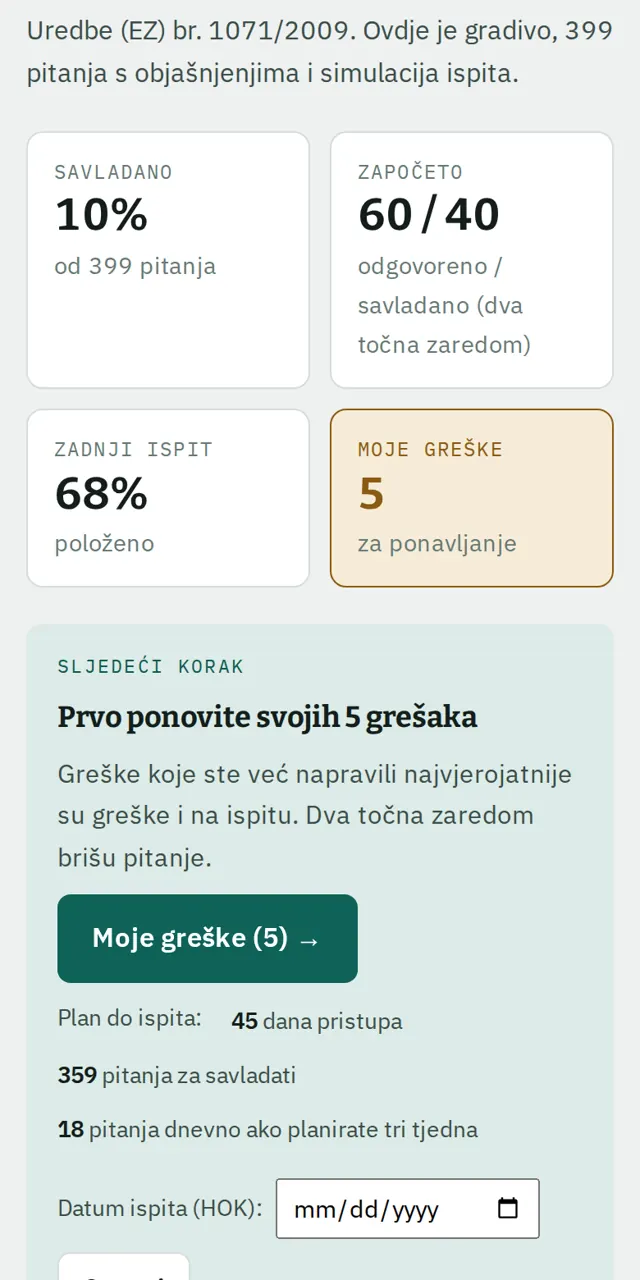 Pregled tečaja na mobitelu: savladano, započeta pitanja, zadnji ispit, moje greške i sljedeći korak